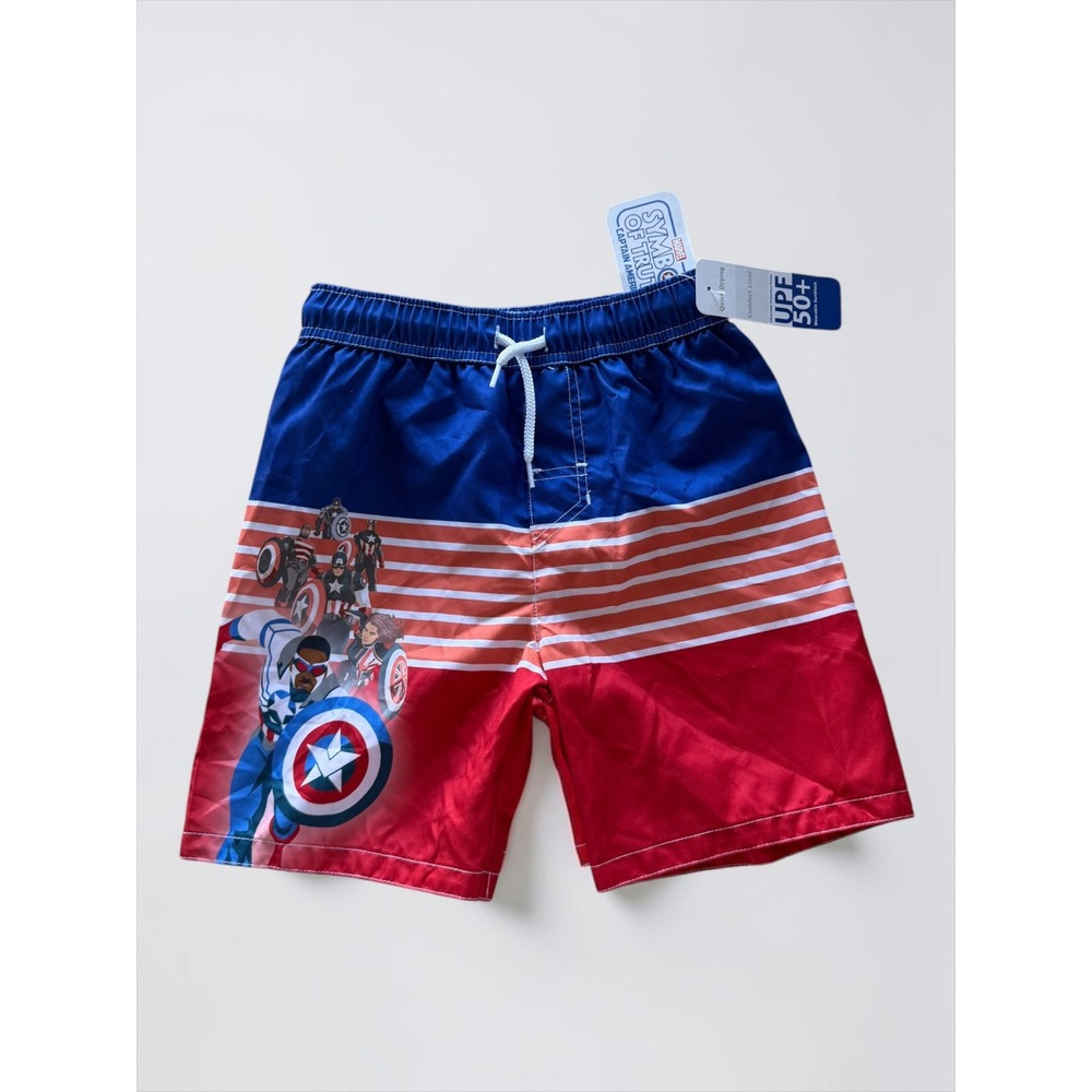 Marvel Captain America Boys Swim Trunks Blue Red Symbol of Truth Size S 6-7 NWT